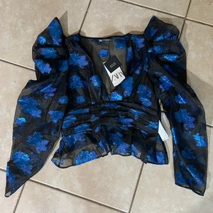 NWT Zara Festive Puff Sleeve Sheer Iridescent Top - M
